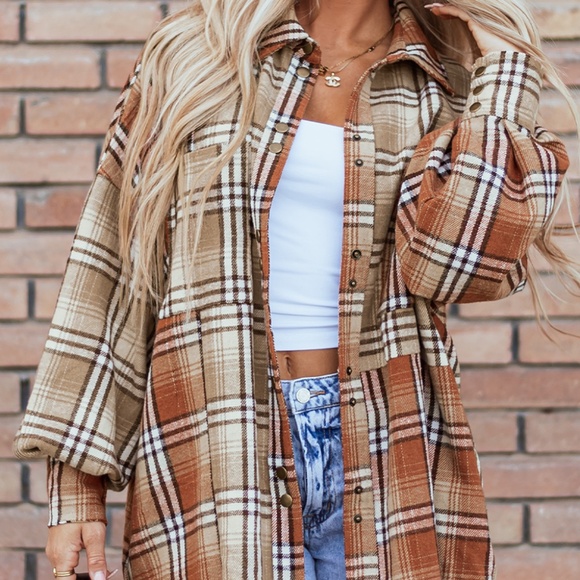 Tops - B137 Khaki Plaid Color block Patchwork High Low Shacket